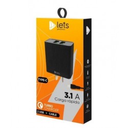 Cargador Rapido 3.1A TIPO C + 2Usb LETS (Ly)